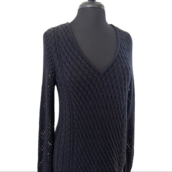 Bar III Black Open Knit Split Back Sweater Sz M - Picture 2 of 11